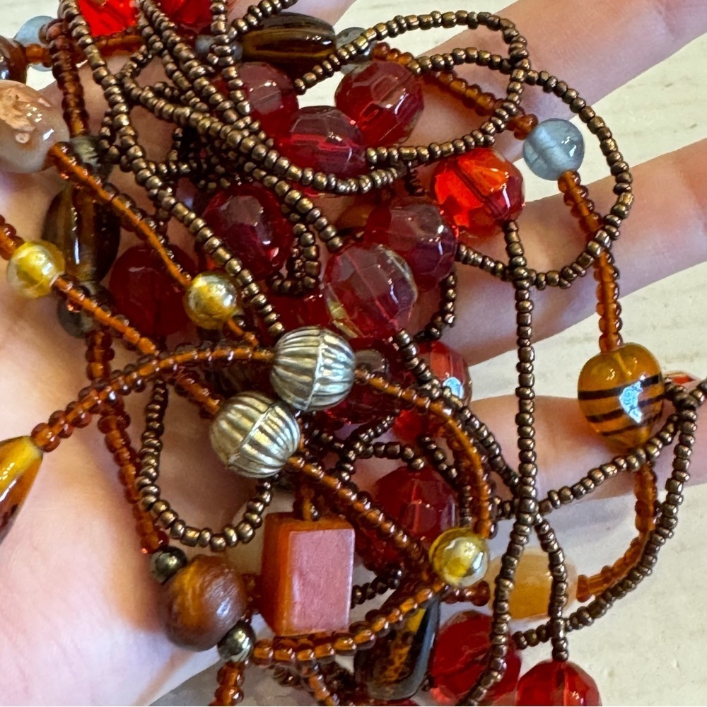 Lot of 2 Vintage Red Brown Art Glass and Natural Stones Beaded  Necklaces Bundle